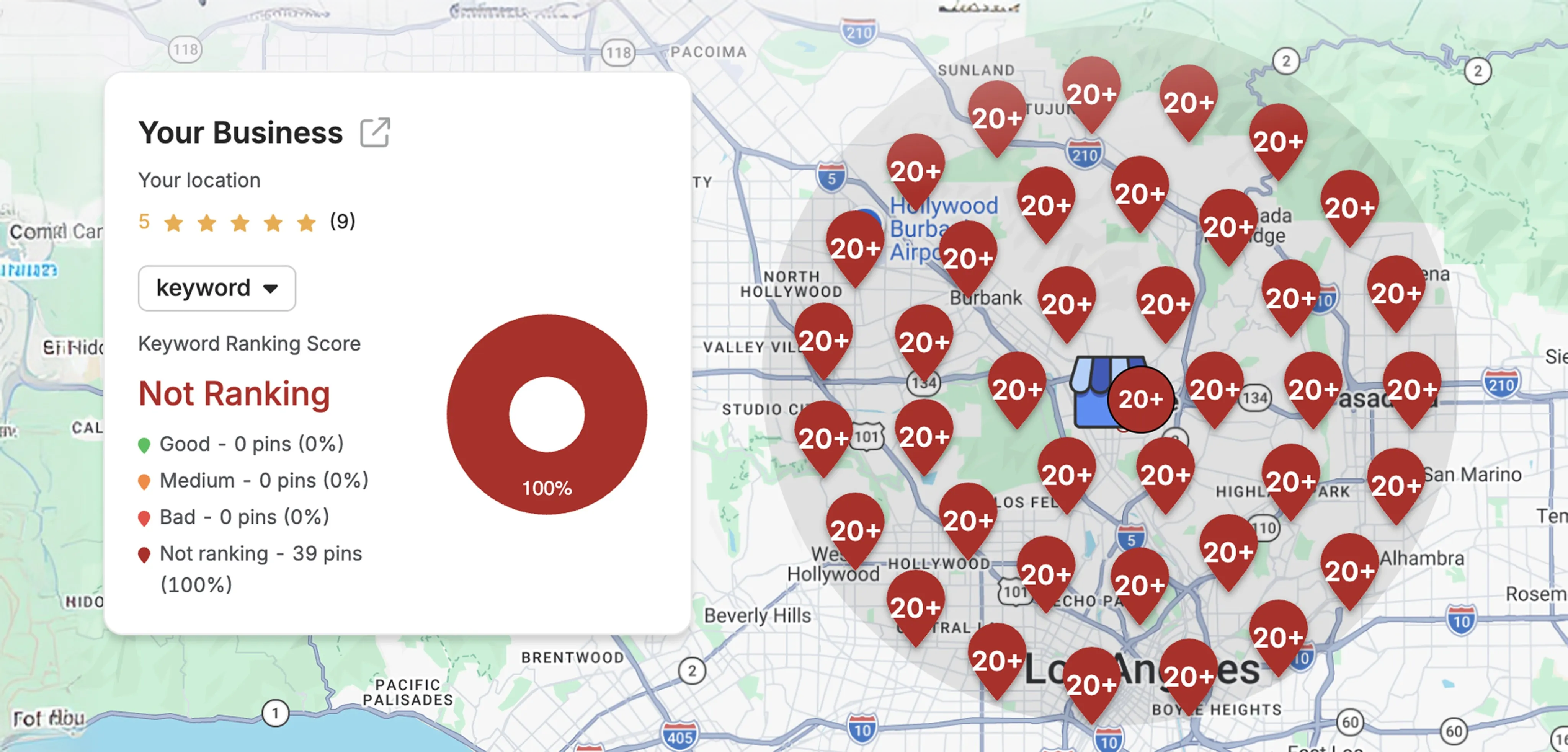 Local ranking heatmap showing your business before SEO with mostly red pins indicating poor rankings
