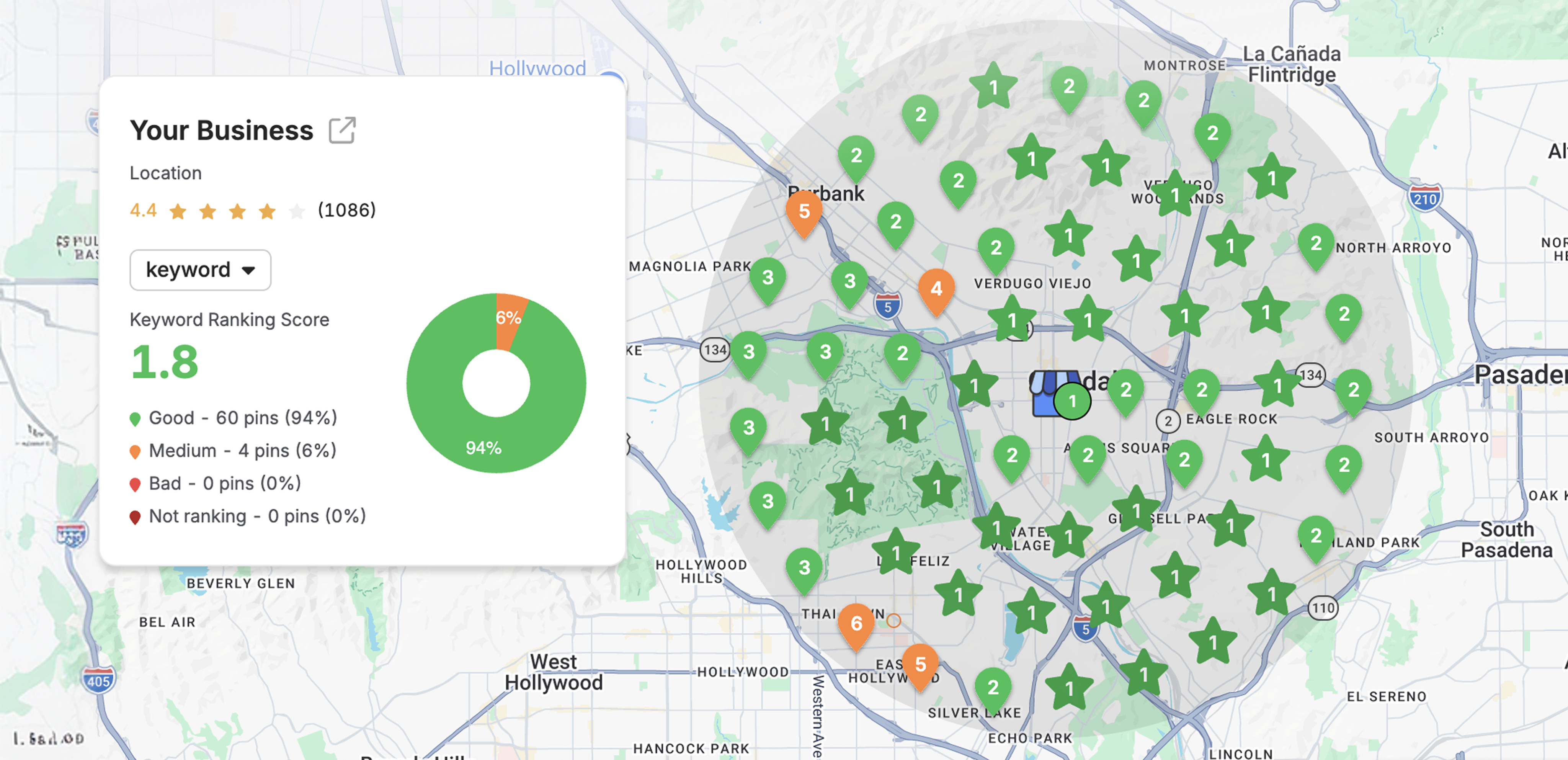 Local ranking heatmap showing a competitor with mostly green pins indicating strong rankings