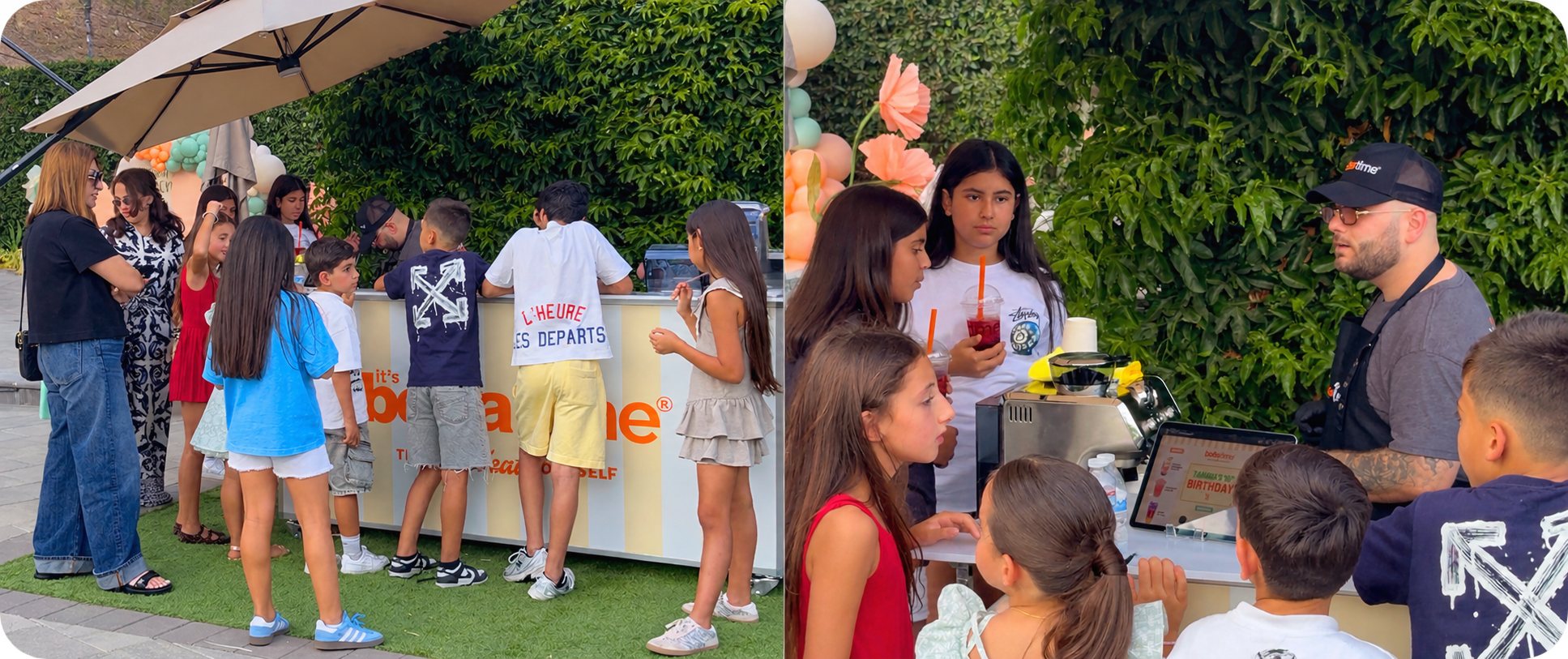 It's Boba Time catering cart at an outdoor kids' birthday with guests lining up for drinks