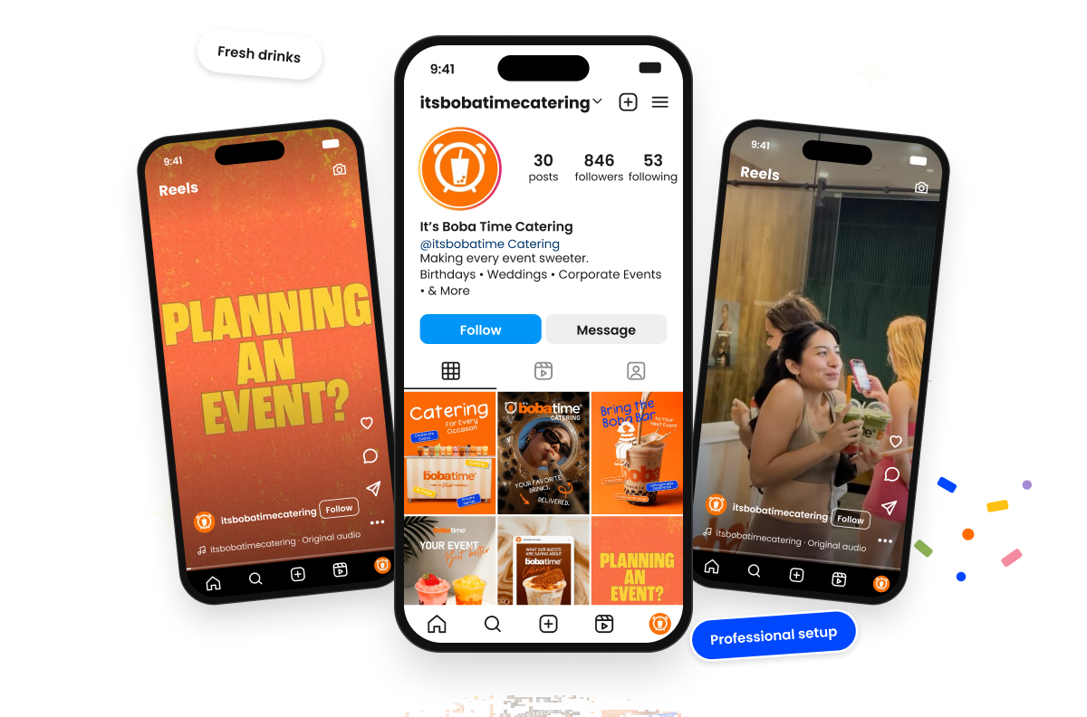 @itsbobatimecatering Instagram profile and reels on phone mockups