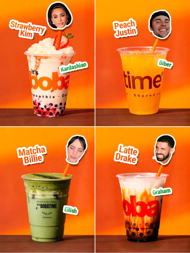 Celebrity-themed boba drinks: strawberry, peach, matcha, and latte