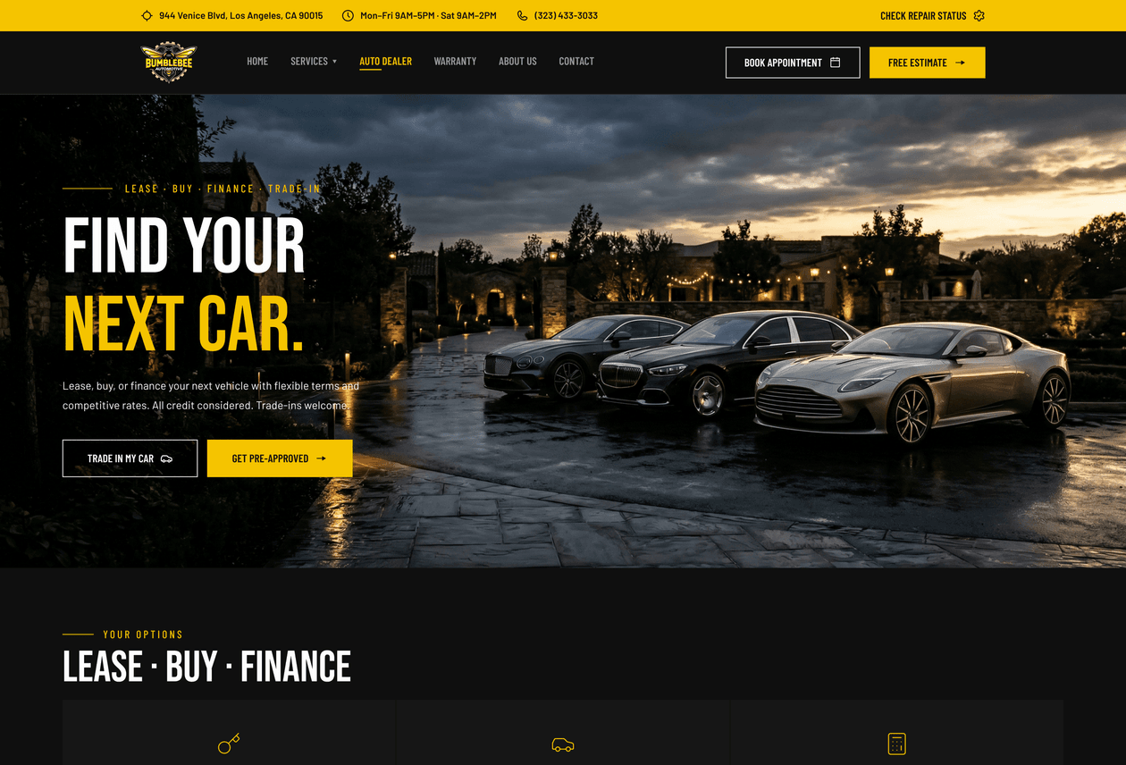 Bumblebee Automotive auto dealer landing page design