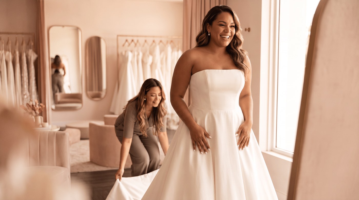 Plus-size bride posing in a wedding gown outdoors
