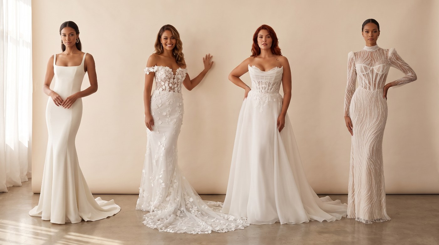 Bride smiling in an A-line wedding dress