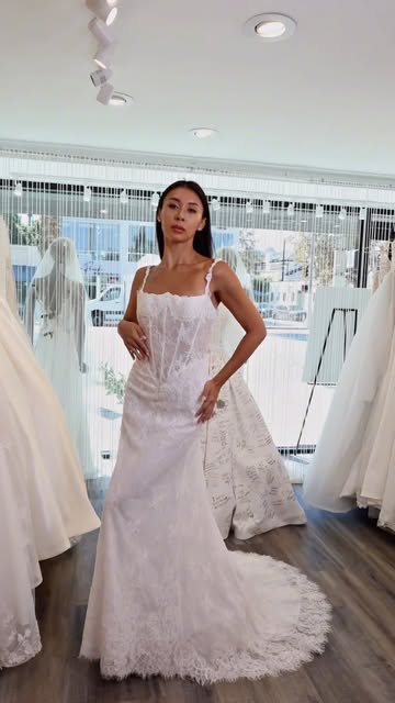 Close-up of a bridal gown neckline and sleeves