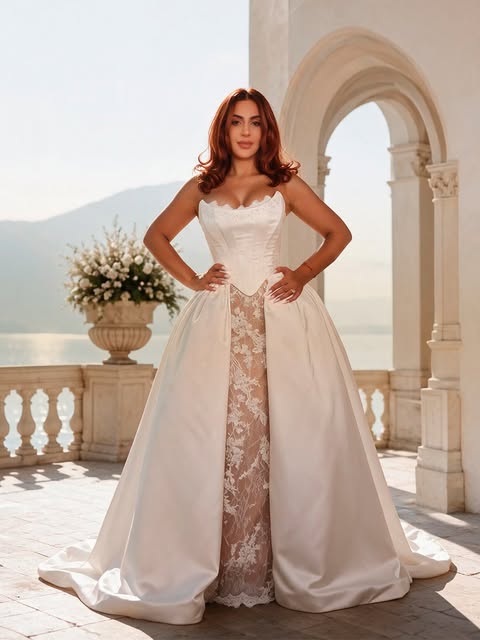 Bride adjusting her gown beside a window