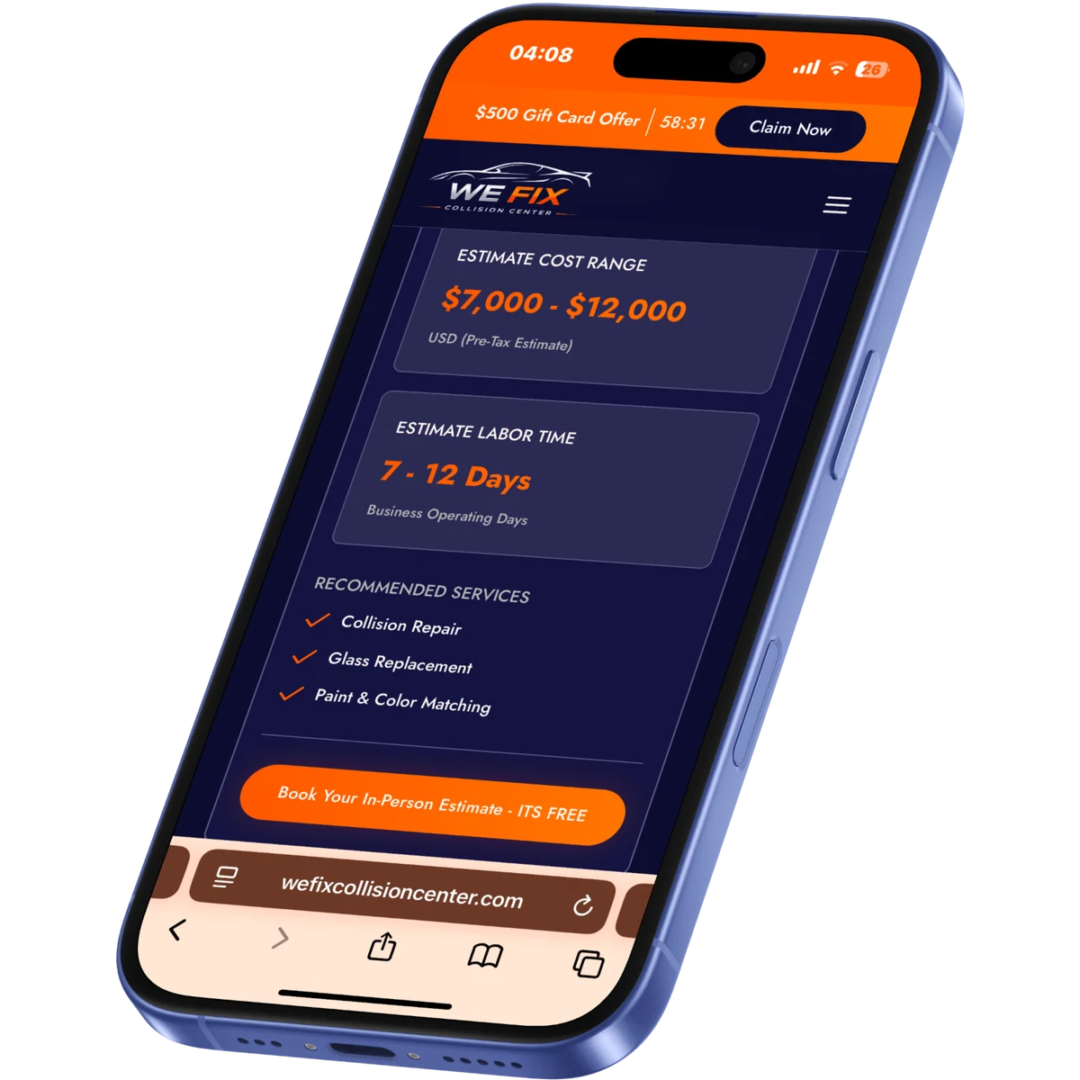 WeFix AI Estimator showing an estimated cost range and labor time on a phone